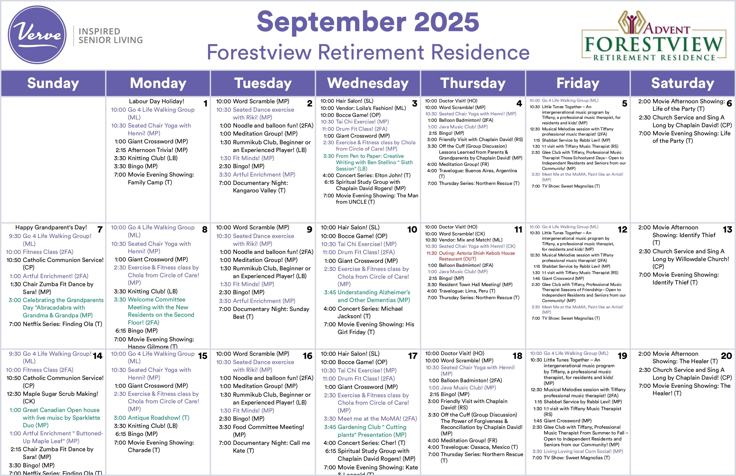 September 2025 Activity Calendar North York