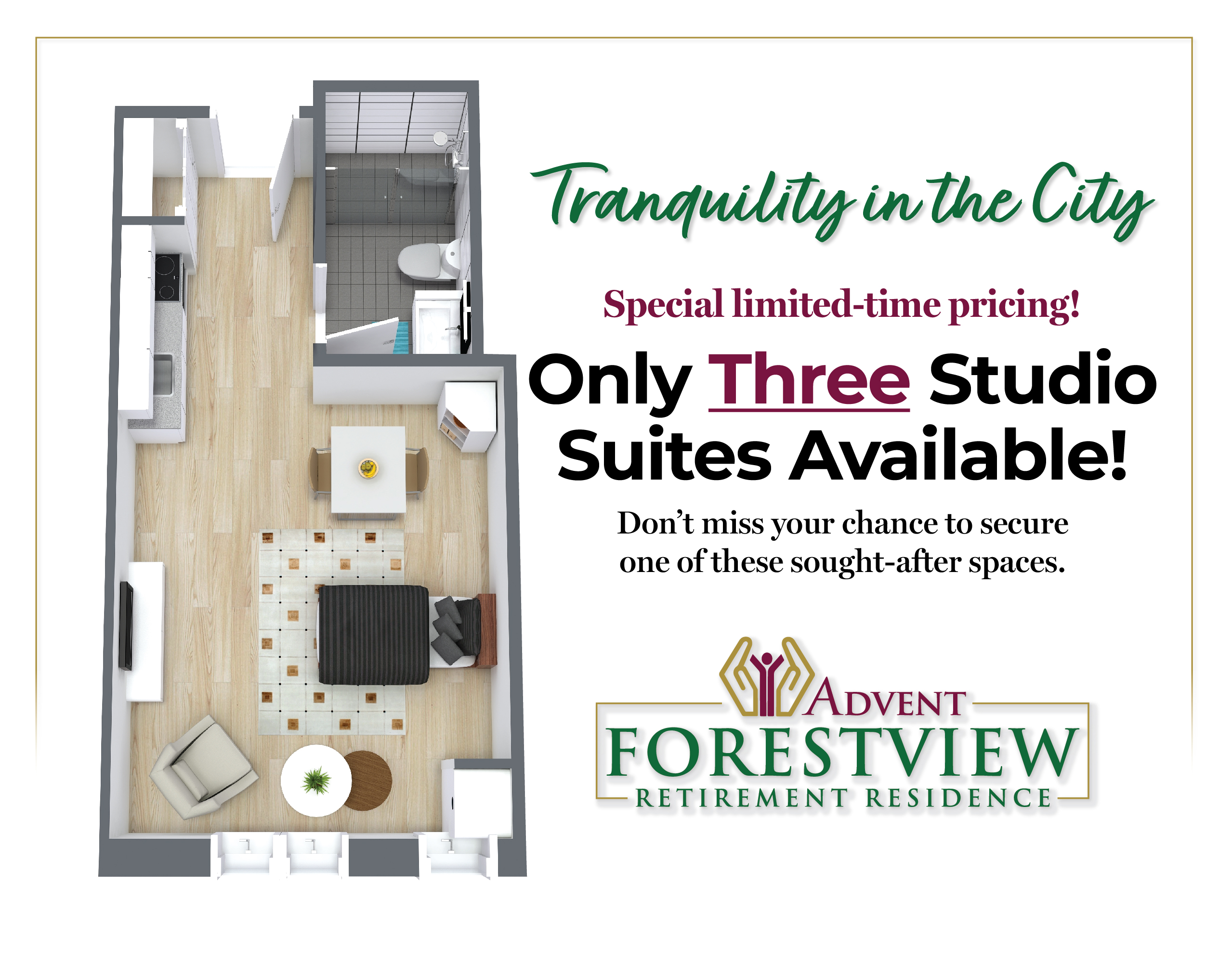 Floorplan of a studio suite at Forestview Retirement Home in Toronto