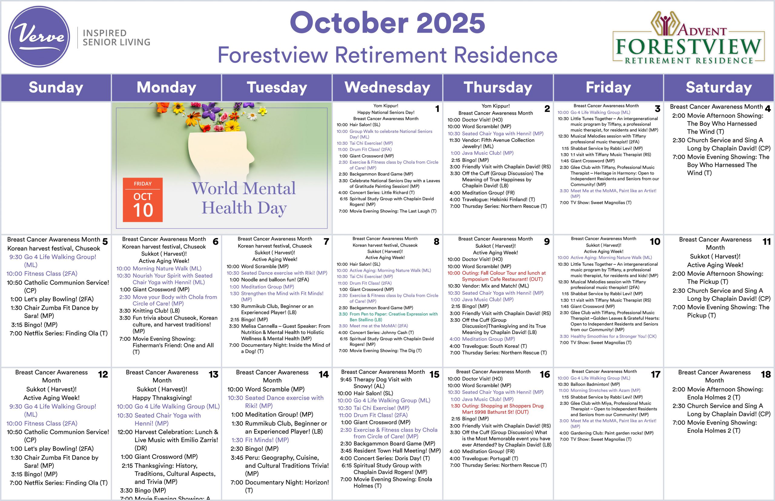 September 2025 Activity Calendar North York