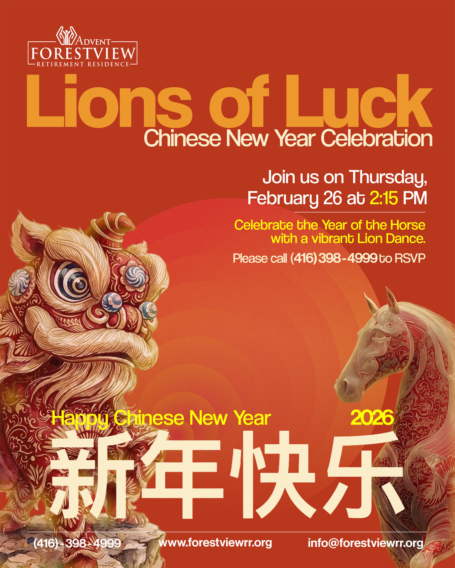 Chinese Dragon appearing with a horse to celebrate New Year at Forestview Retirement Community in Toronto