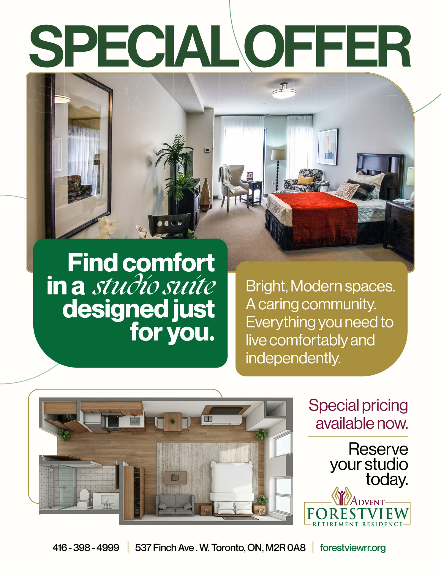 Beautifully decorated studio suite at Forestview Retirement Residence near Dufferin and Steeles Ave. West