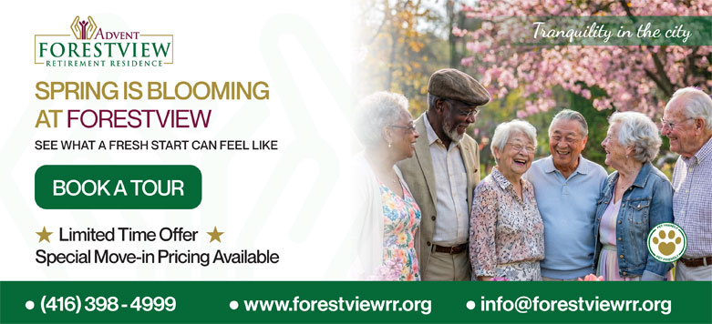 A multi-cultural group of seniors enjoying the spring bloom in the garden at Forestview Toronto