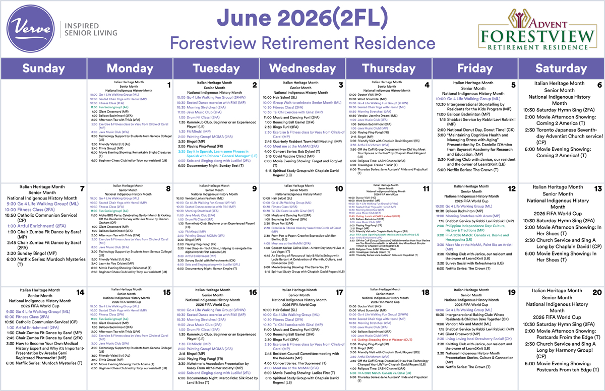 June assisted living calendar