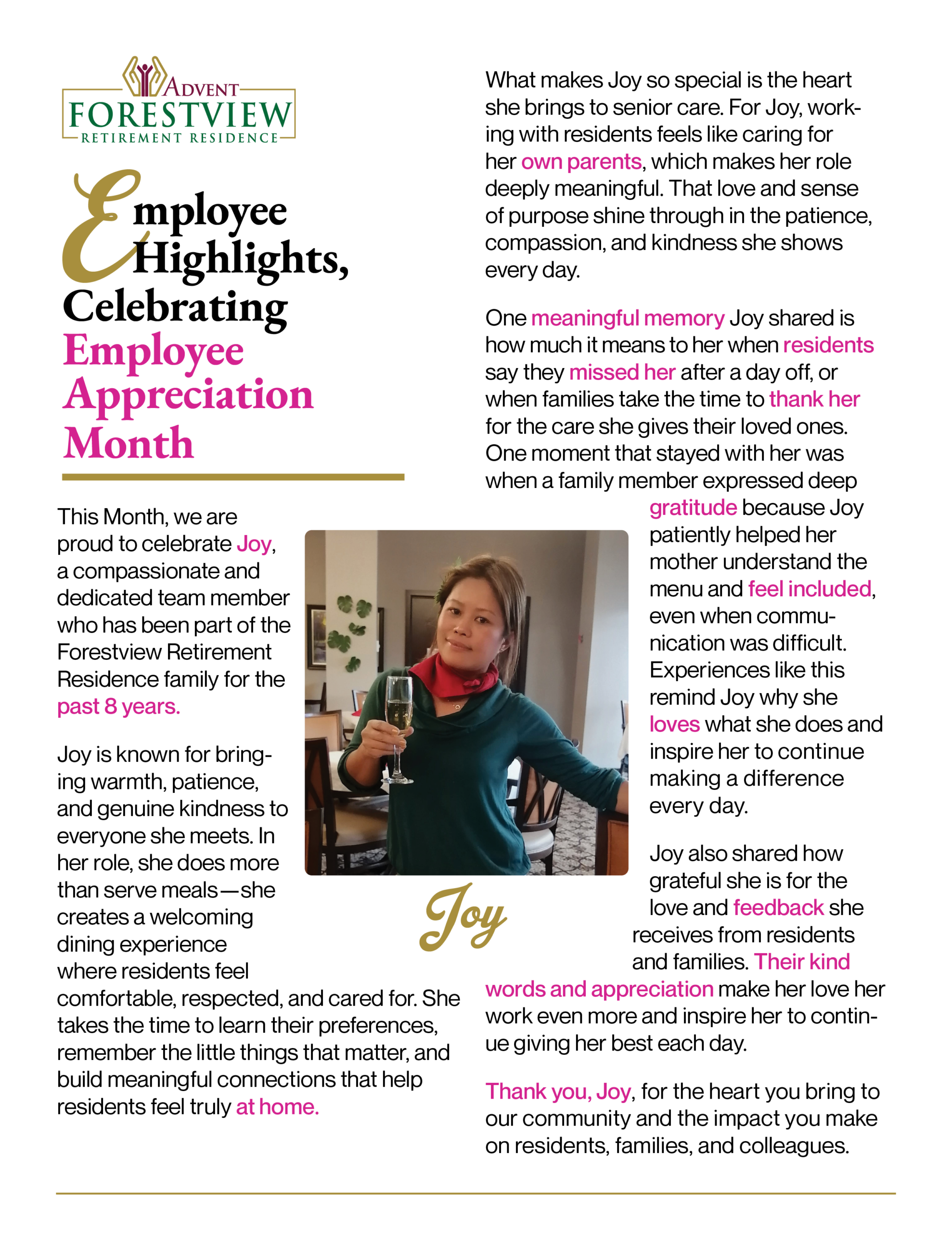 Article about Joy at Forestview Retirement Residence