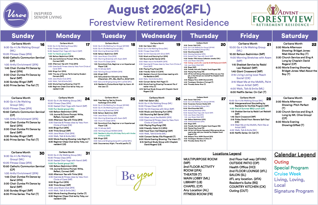 August assisted living calendar