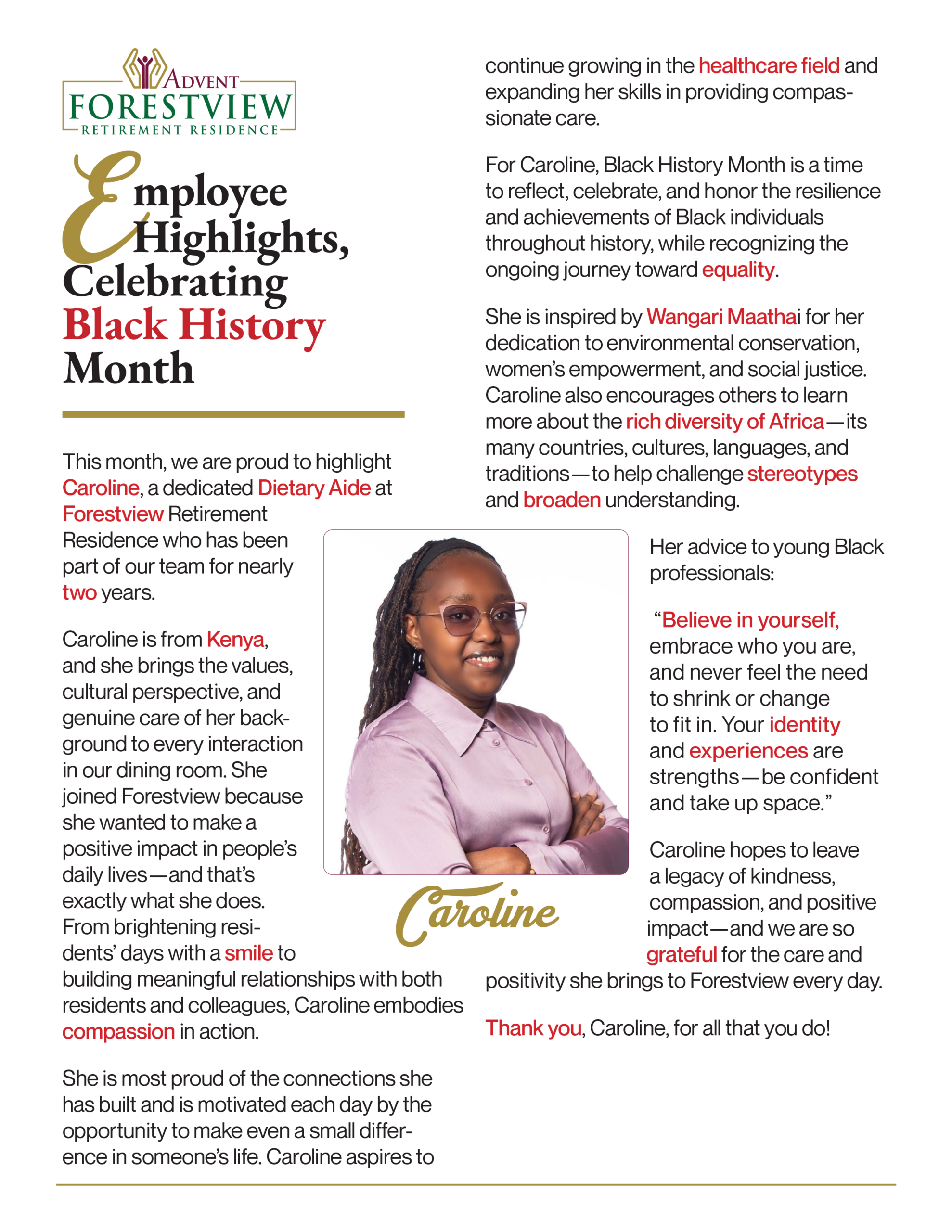 Forestview article celebrating employee Caroline