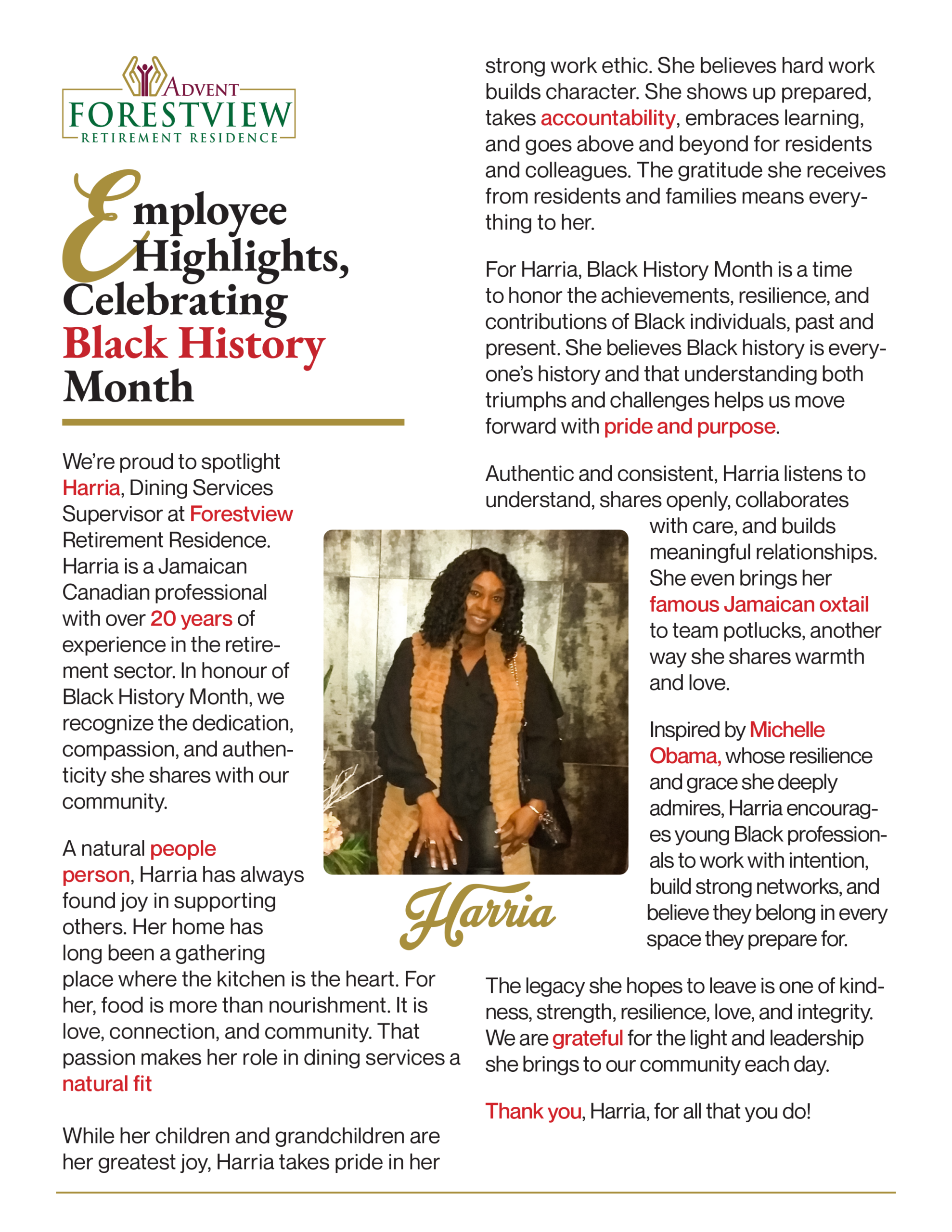 Forestview article celebrating Harria