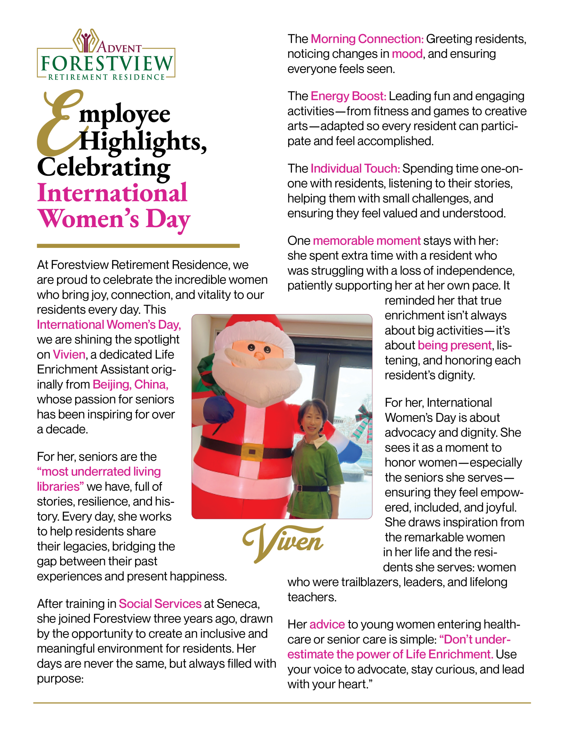 Forestview article celebrating Vivien