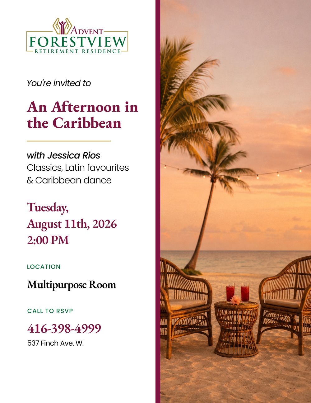 Sunset on a sandy beach with two empty chairs and cocktails