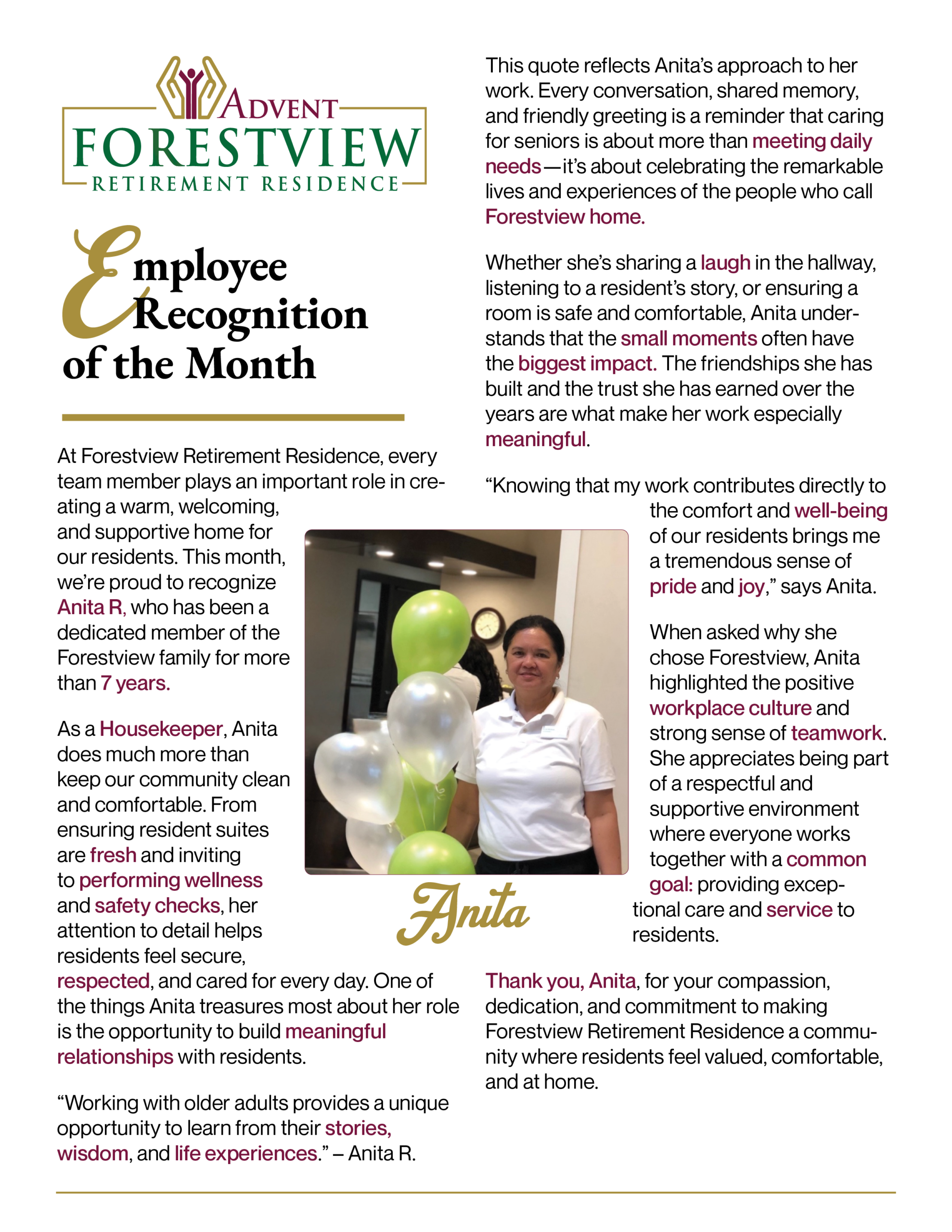 Employee Recognition Article featuring Anita