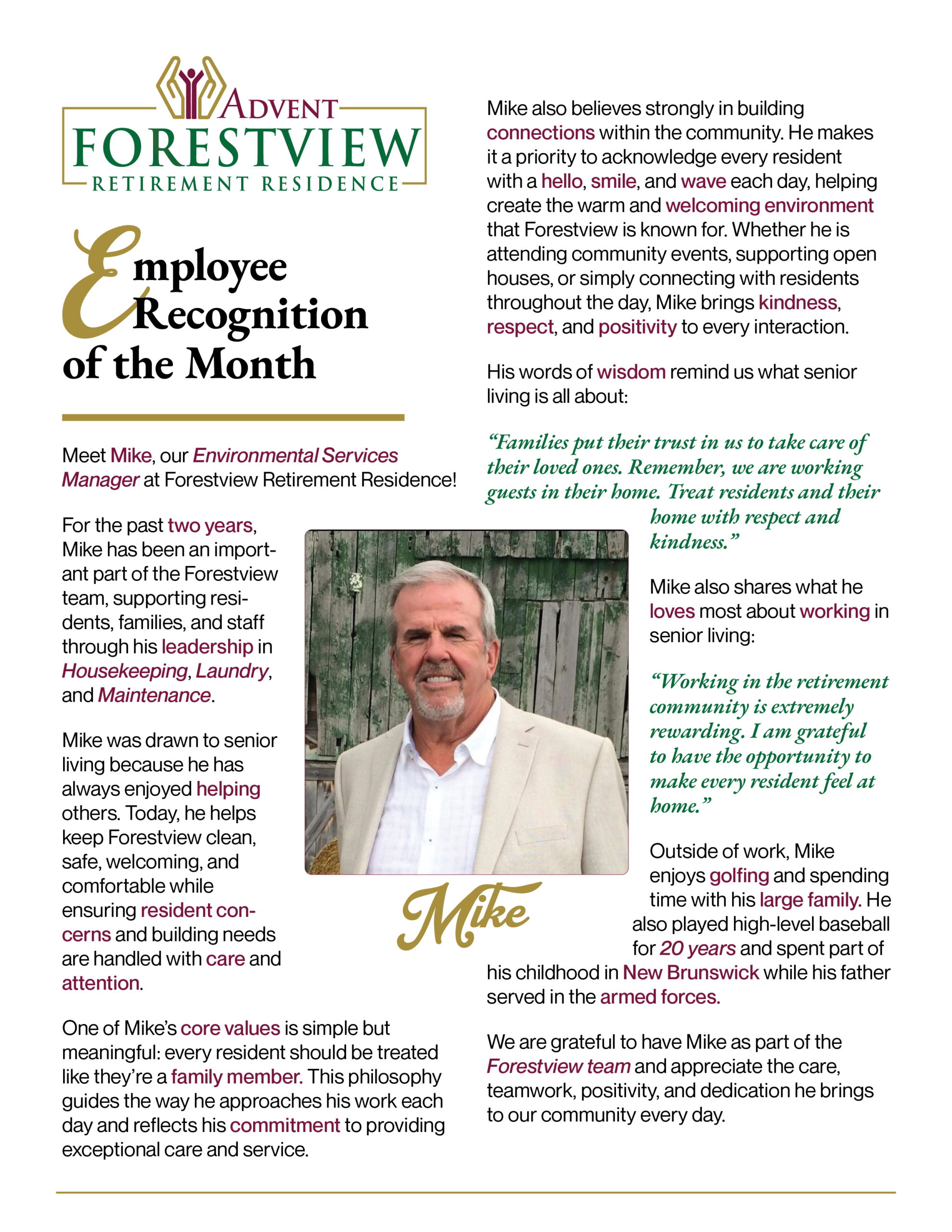 Article celebrating employee Mike