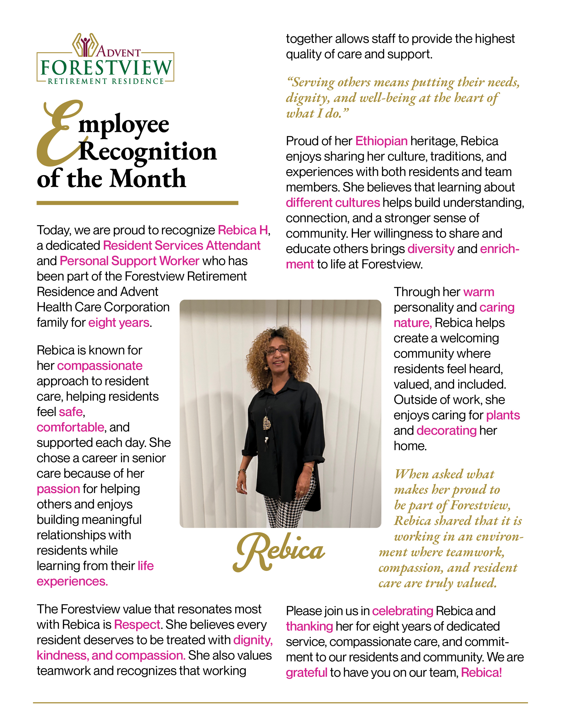 Article for employee recognition of Forestview's resident services attendant/personal support worker Rebica