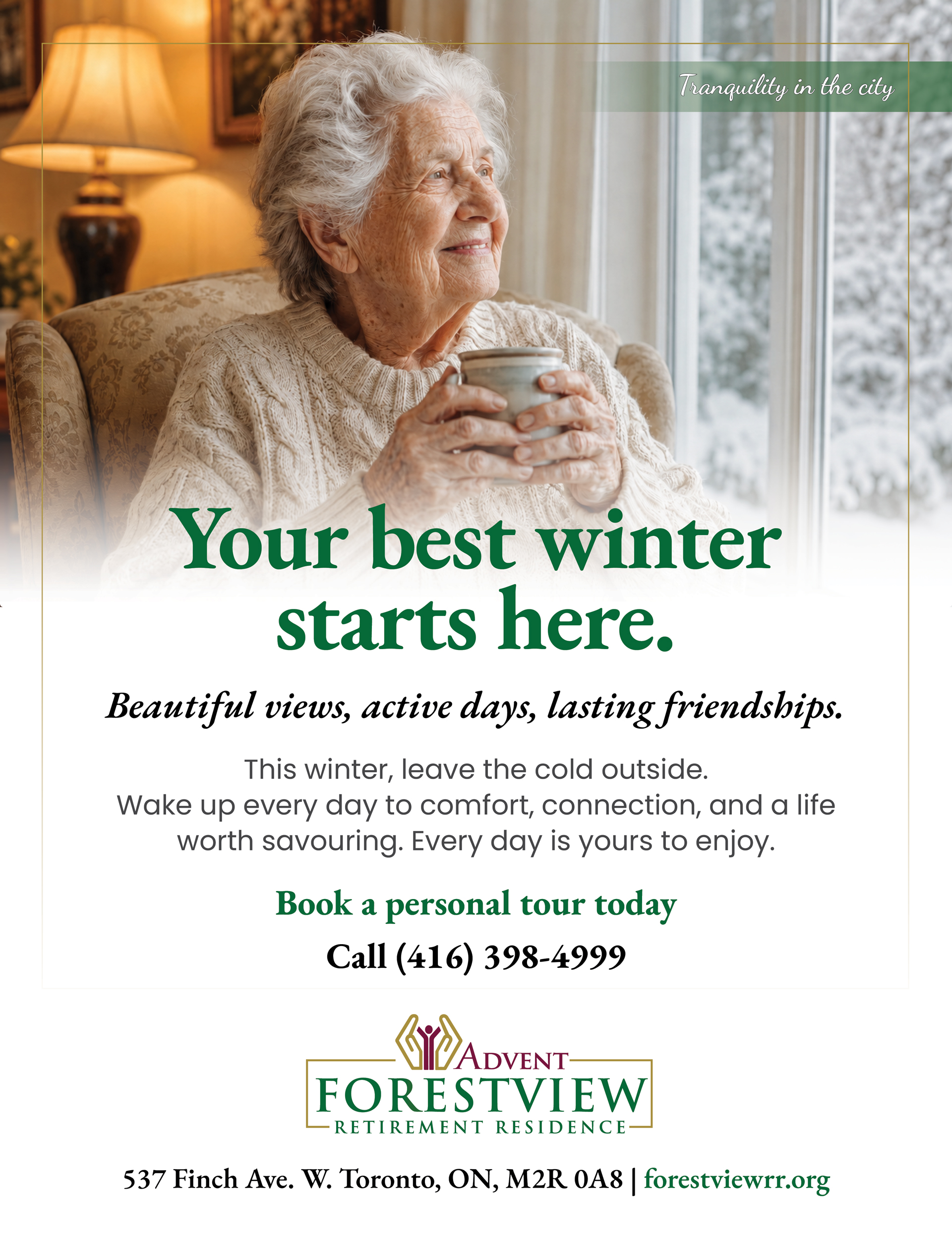 Older female holds a hot beverage while looking at a snowy view outside from her window