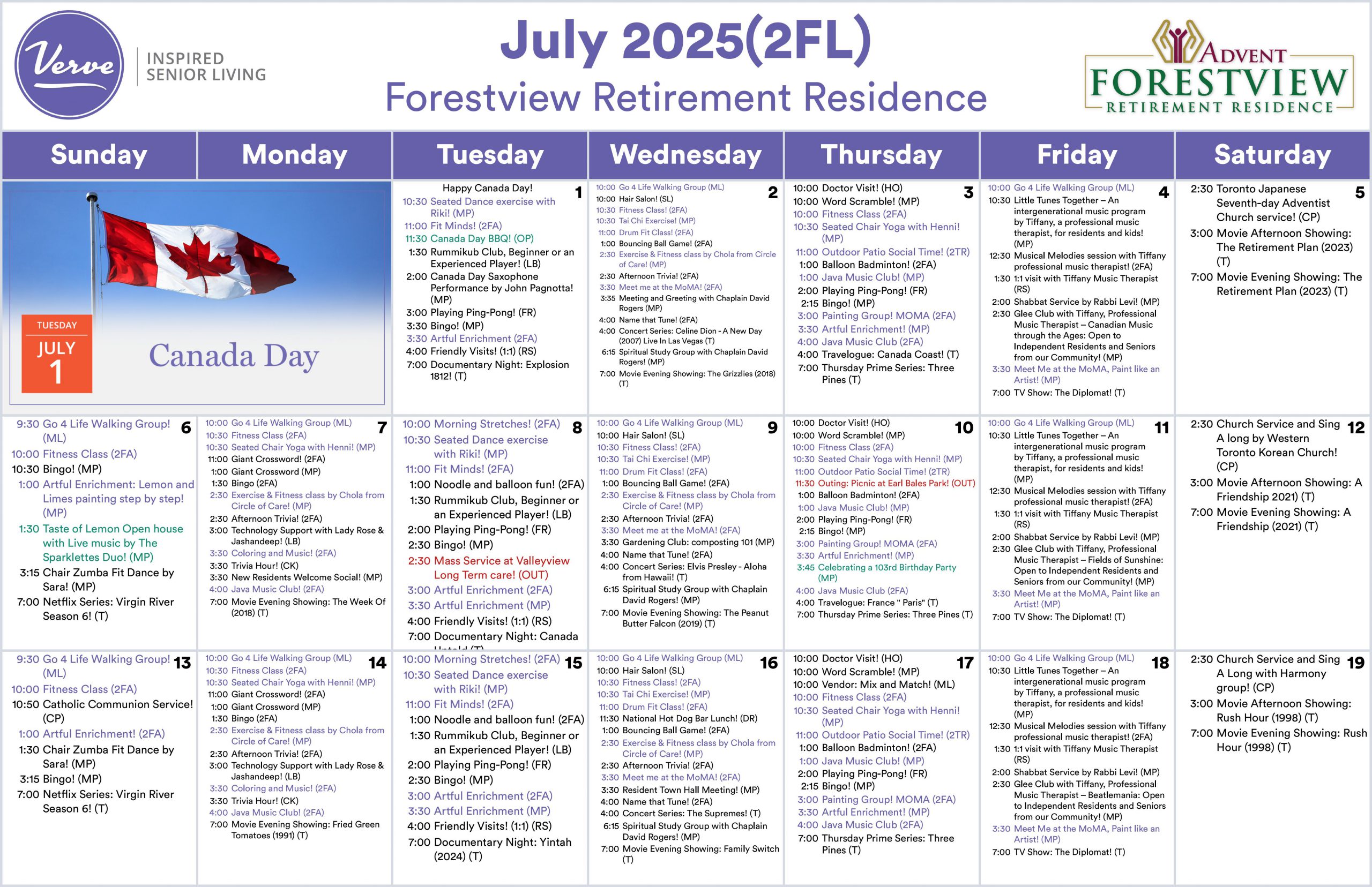 Assisted Living July Calendar